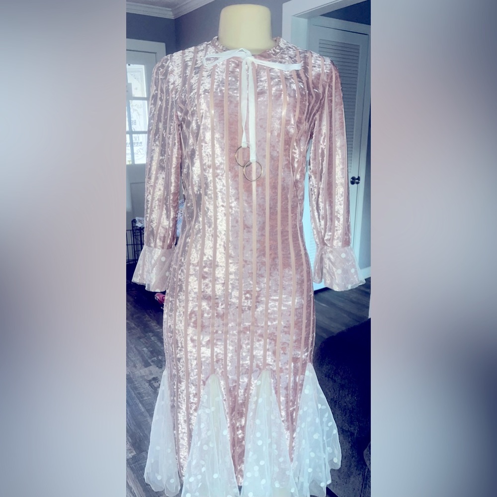 Pink Velvet Stripes Polka Dot Ruffle Long Sleeve Dress